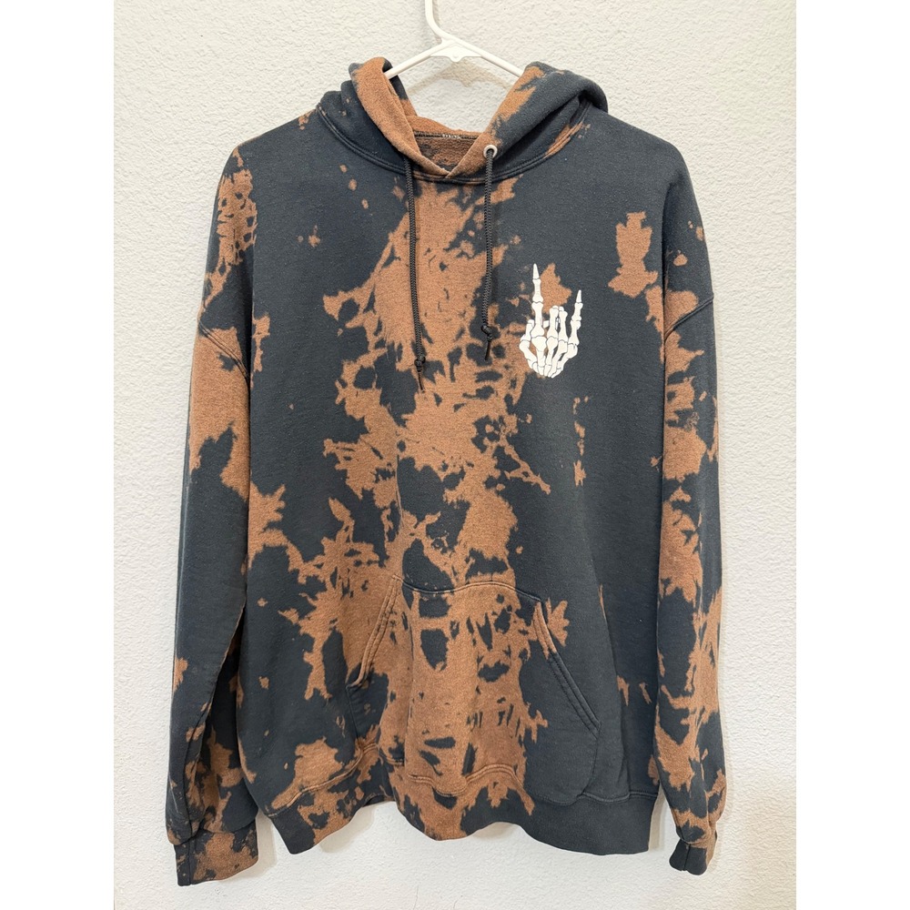 Bowery Supply Co Mens Hoodie Sweater Sz L Acid Wash Bleach Tie Dye Skeleton Hand